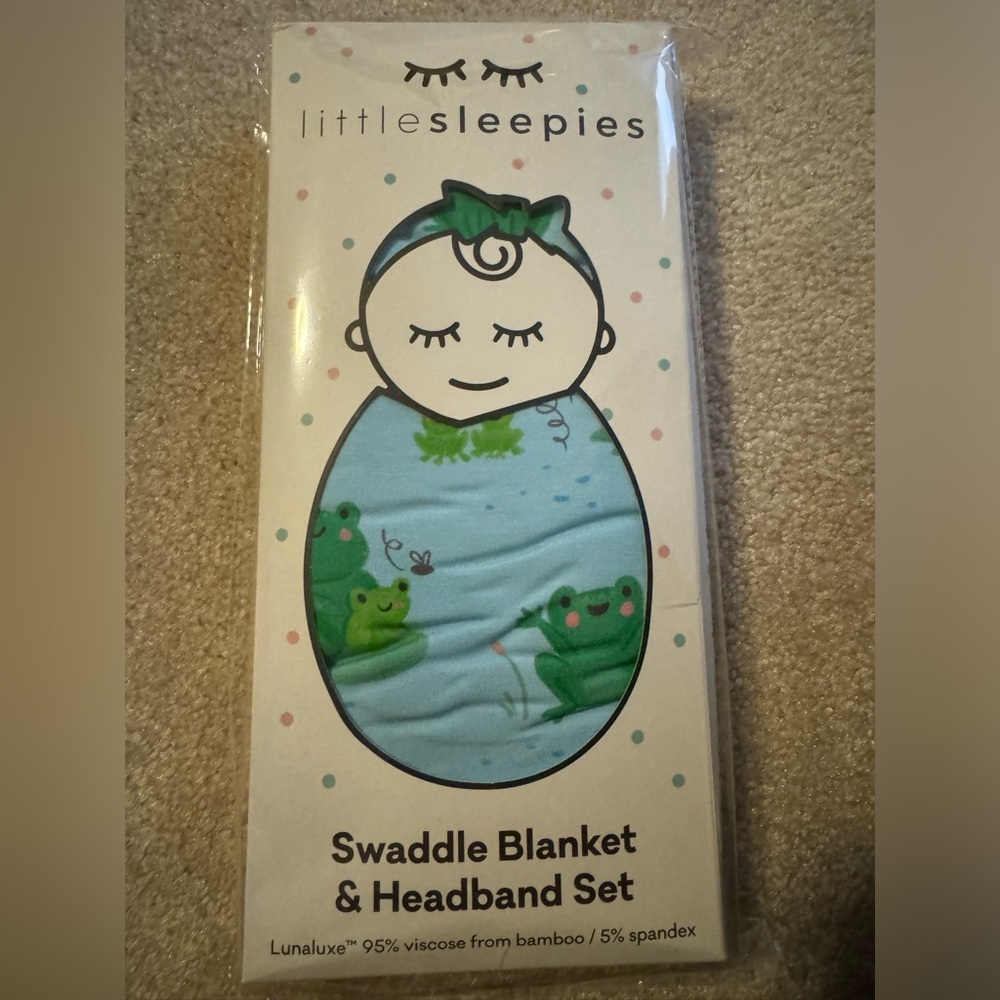 Little Sleepies Leaping Love Bamboo Swaddle and Lux Bow Headband Set